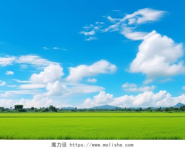 蓝天白云绿色的田野风景图